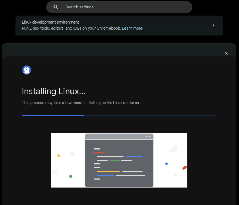Snip of Linux Installer on a Chromebook