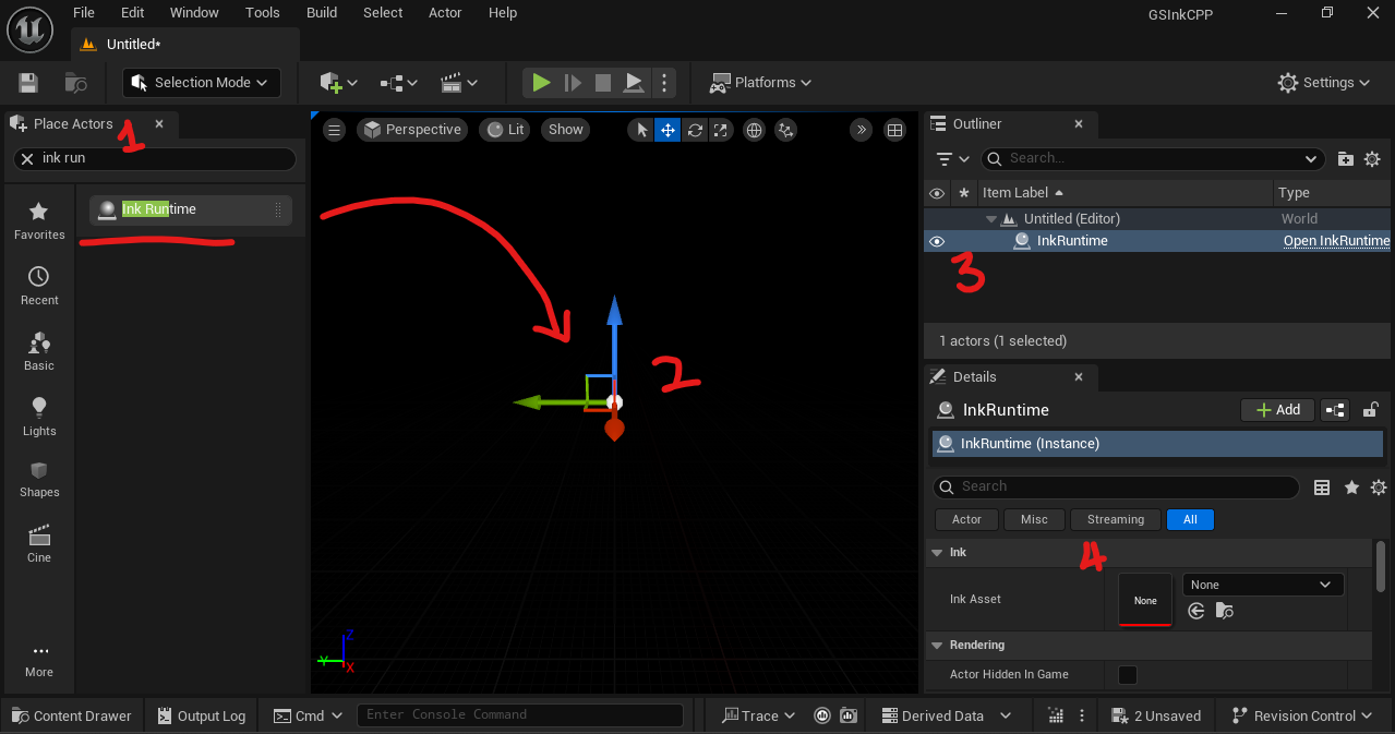 Placing the InkRuntime actor with Place Actors